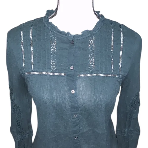 Free People Emma Eyelet Lace Long Sleeve Button Down Shirt Green Cotton Boho - Image 3