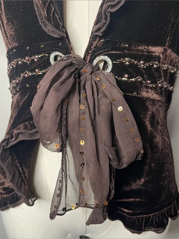 Y2K Vintage Chocolate Brown Velvet Ruffle Collar Tie Front Fairy Grunge Top - Image 3