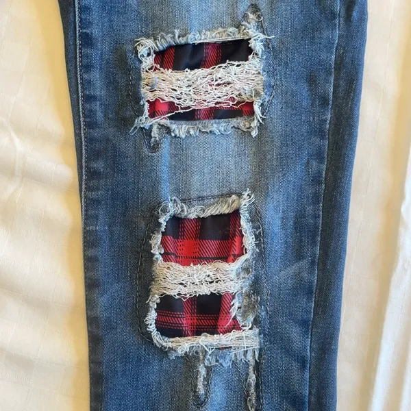 Judy Blue Size 9/29 Buffalo Plaid Patch Skinny Blue Ripped Denim Jeans JB8268DK - Image 8
