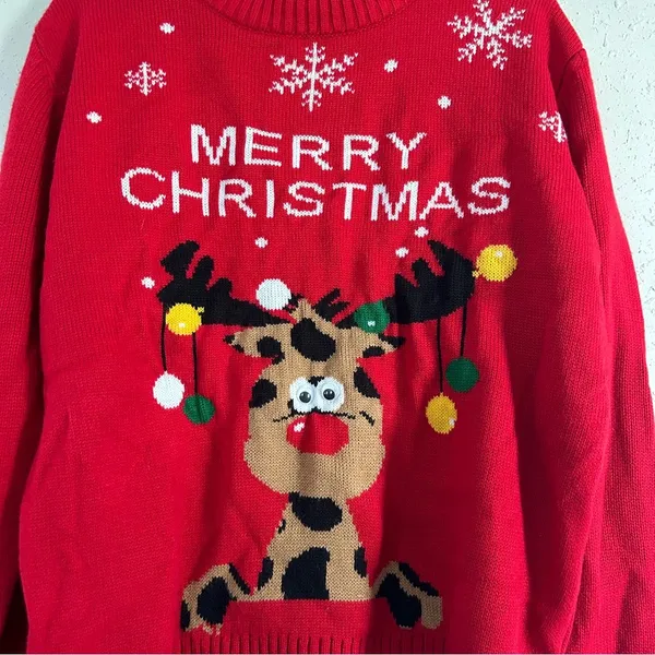 Merry Christmas Red Reindeer Googly Eyes Crewneck Sweater Holiday Ugly Christmas - Image 3