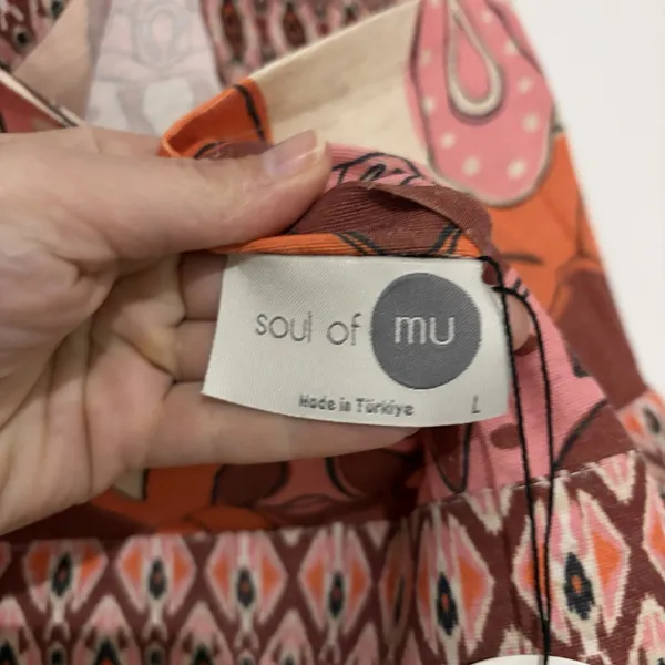 Soul of Mu Halter Mini Dress Beige Salmon Geometric Floral Linen Blend Large NEW - Image 12