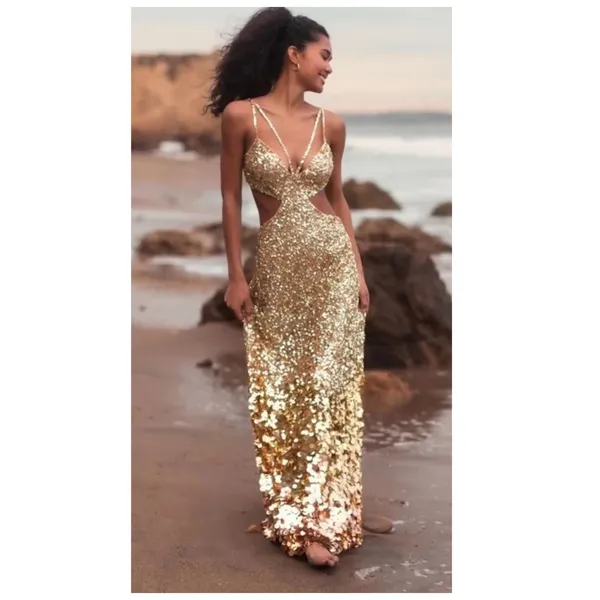 NWT Mac Duggal 6077 Gold Thin Strap Cut Out Gown With Ombre Sequins Size 8 - Image 2