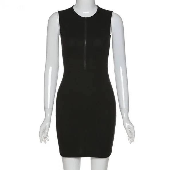 Solid Black Sleeveless Zip Up Mini Bodycon Dress Size M - Image 3