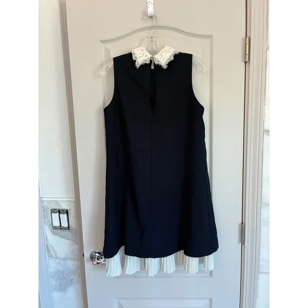 Nanette Lepore Navy Blue‎ Shift Dress Lace Peter Pan Collar Pleated Hem Womens 4 - Image 9