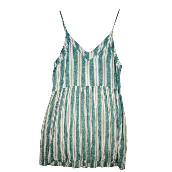 April Kiss Striped Linen Blend Dress Women's M Green Button Cottagecore Beachy‎ - Image 2