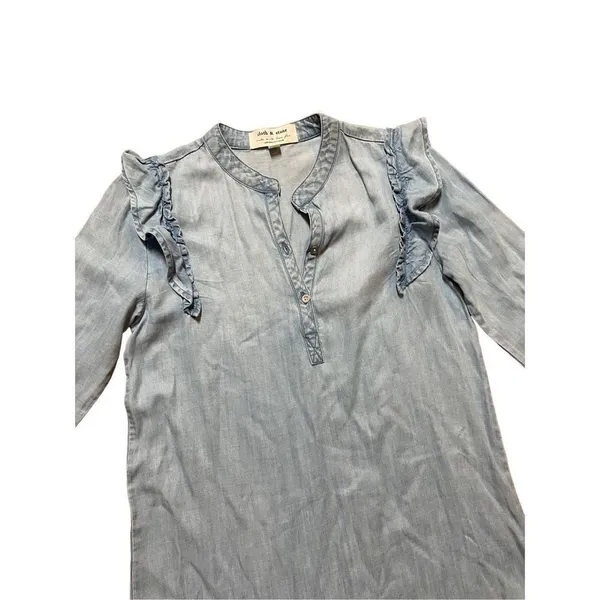 Anthropologie‎ Cloth & Stone Blue Denim Chambray Ruffle Shirt Dress XS - Image 6
