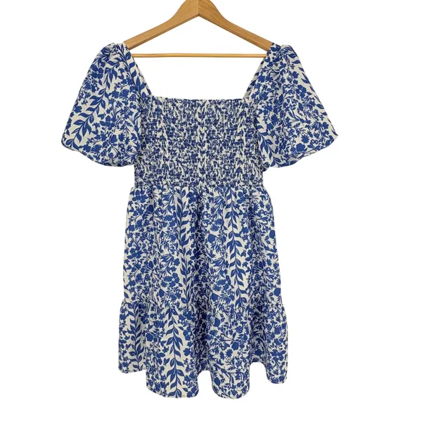 THML Blue White Floral Smocked Mini Dress Medium Puff Sleeve Coastal Cottagecore - Image 2