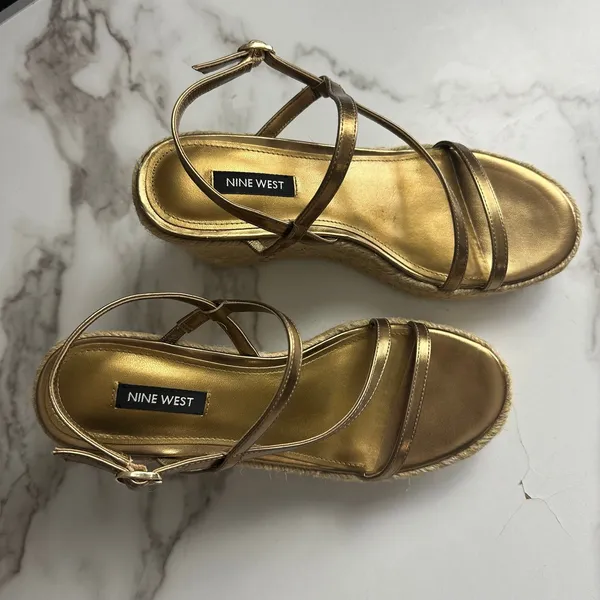 Nine West Jill Metallic Gold Classic Espadrille Wedge Sandals Size 9 - Image 3