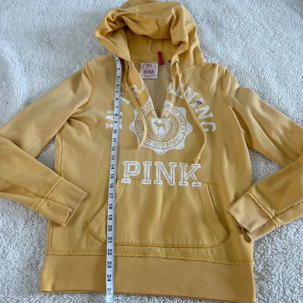 VTG Y2K Victoria's Secret PINK Hoodie Yellow V-Neck Graphic Print College Preppy - Image 4