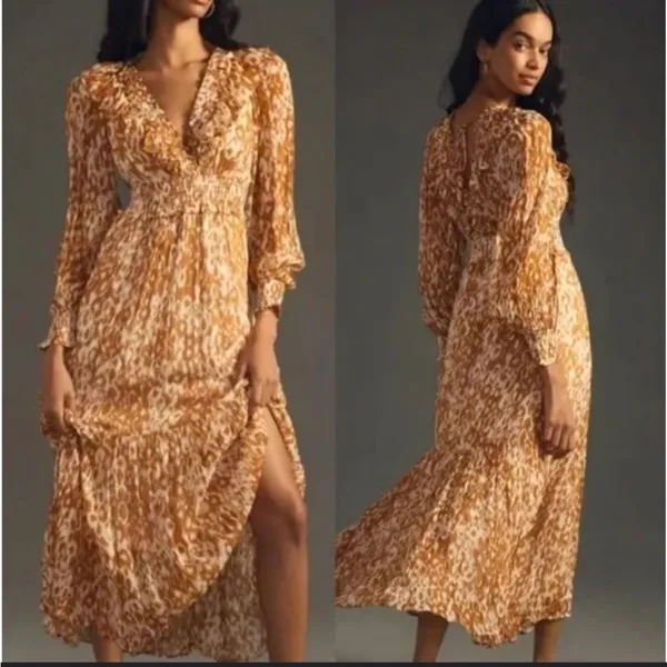 NWT Anthropologie Odetta Ruffled V Neck Maxi Dress Leopard Orange Size XS - Image 2