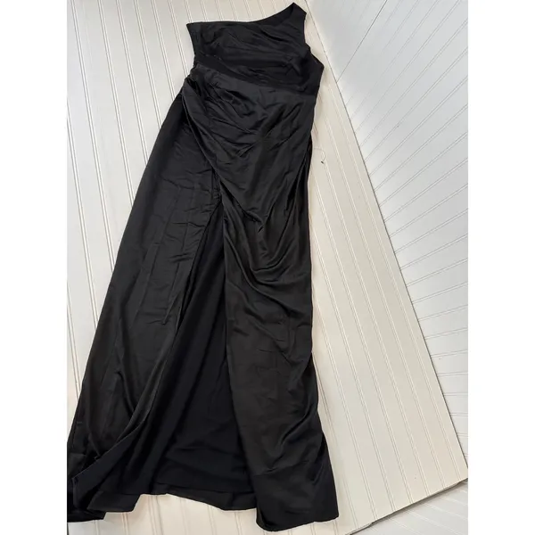 Lulus Dreaming of Elegance Black Satin One-Shoulder Dress Flowy Bridesmaid Large - Image 2
