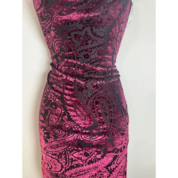 Fashion Magazine Vintage Y2K Burgundy Paisley Velvet Bodycon Mini Dress Small - Image 2
