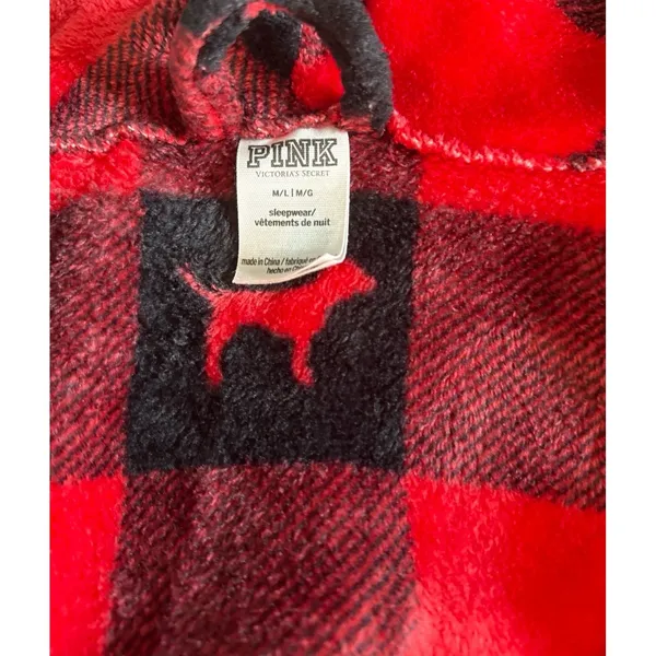 Victoria's Secret Pink Women's Plush Robe Dog Logo Red Black‎ Tie Size M/L - Image 7