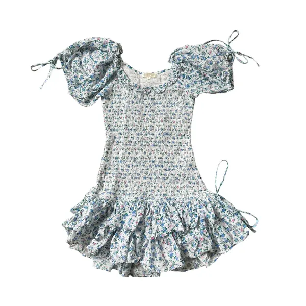 LoveShackFancy Violet Smocked Mini Dress Blue Floral - Image 2