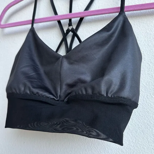 Alo Yoga Lavish Bra Bralette Strapped Mesh Band Glossy Black Lurex Shine Size XS - Image 4