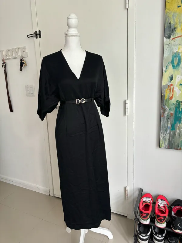 Massimo Dutti Black Midi Dress with Gold Neck Detail Size M - Image 8