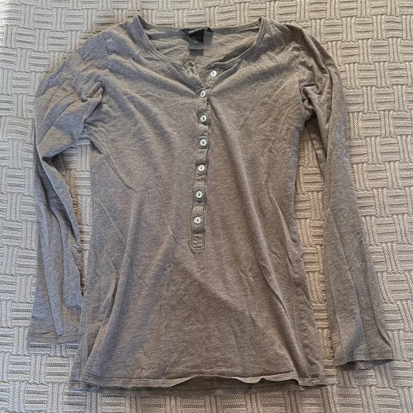 100% Cotton Moda International Mauve Brown Long Sleeve Henley - Image 3