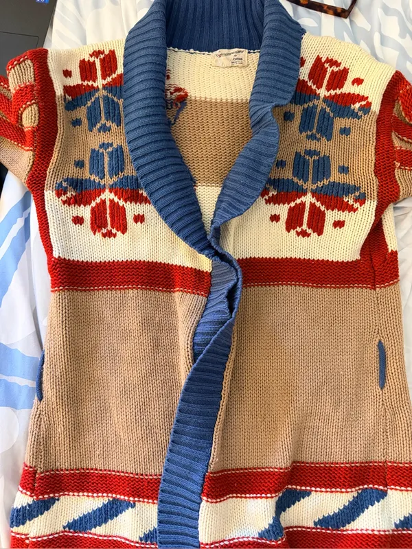 Vtg Sears Contemporary Corner Open-Front Shawl Cardigan Sweater Tan Red - Image 7