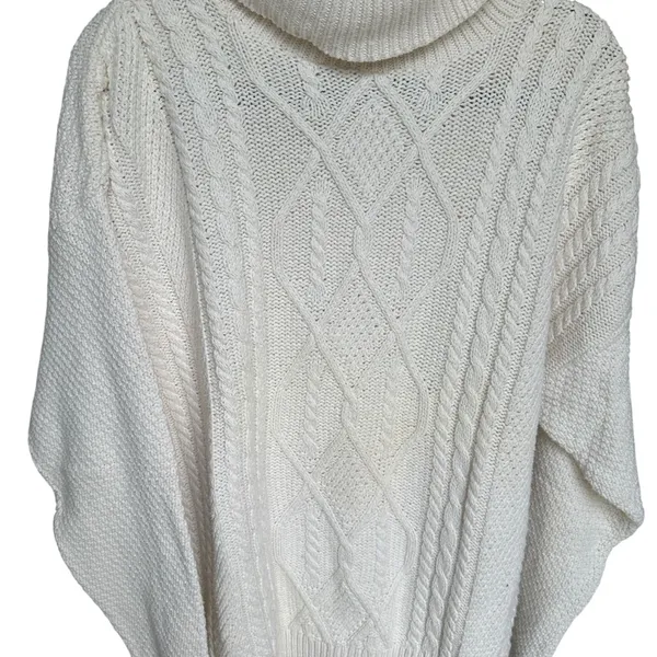 Vintage 90s Fisherman Style Cable‎ Knit Turtleneck Sweater Ivory Cotton USA L - Image 5