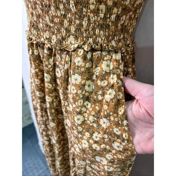 Old Navy Floral Cami Dress XS Brown Ditsy Print Smocked Midi Boho Cottagecore - Image 4