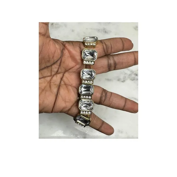 Gold-Tone Crystal Stretch Bracelet With Rhinestones & Rectangular Gemstones - Image 3
