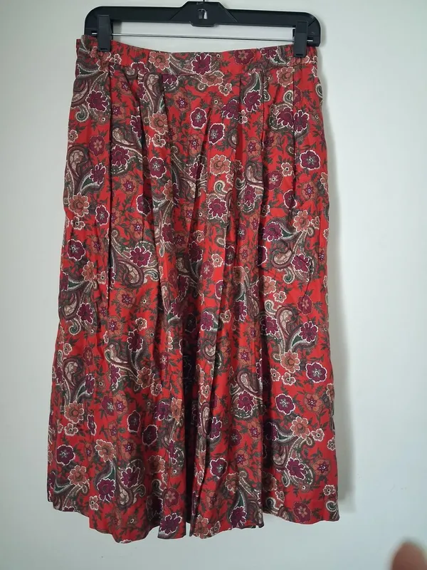 VTG Leslie Fay Red Paisley Floral A-Line Midi Pleated Skirt Cottagecore Feminin - Image 4