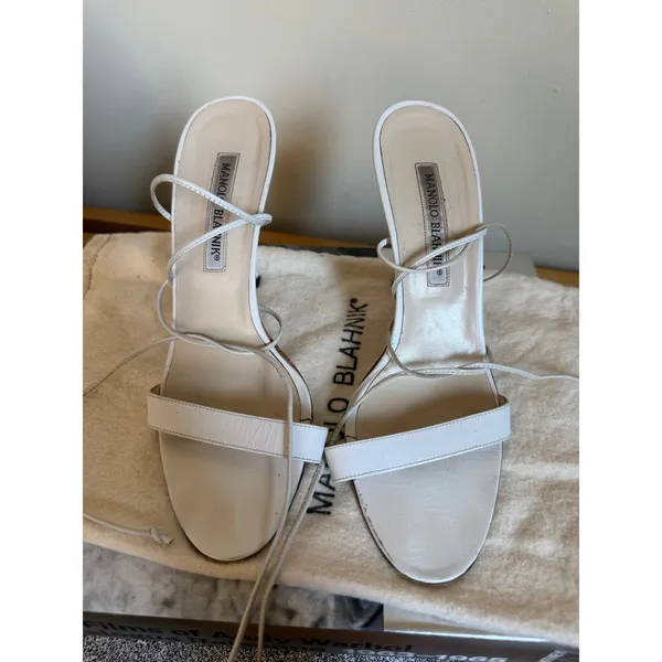 Manolo Blahnik White Leather Lace-Up Sandals Heels Size 37.5 - Image 2