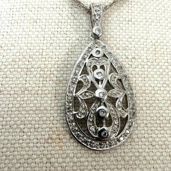 Clear Stone Teardrop Filigree Pendant Necklace - Image 2