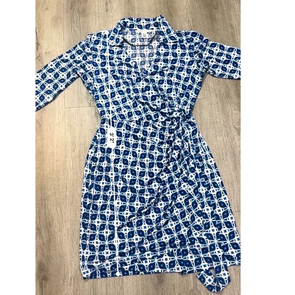 Maggy London Size 14 Blue Geometric Faux Wrap Stretch Career Dress - Image 7