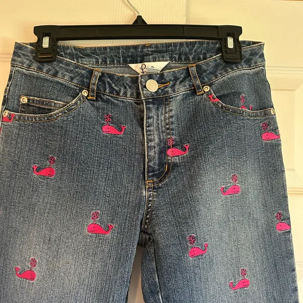 Vintage Lily Pulitzer blue mid rise boot cut jeans size 2 pink whale nautical - Image 2