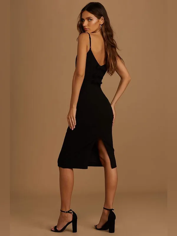 NWT Lulus You're a Gift Black Bow Back Bodycon Midi Dress Spaghetti-Strap Medium - Image 3