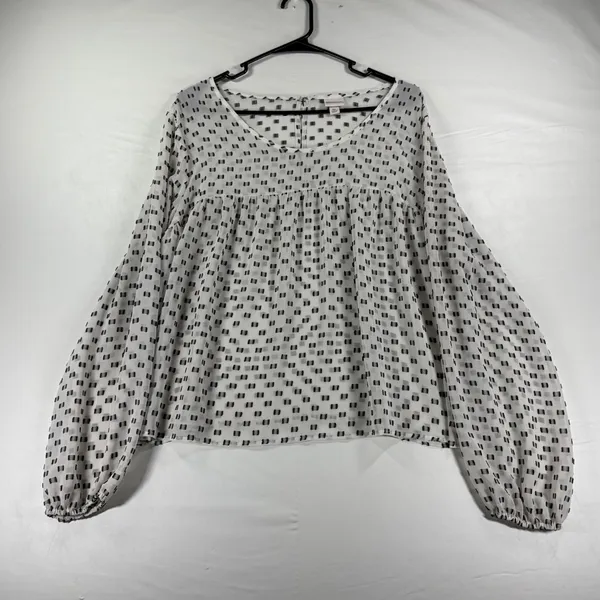 Merona Womens XL White Black Geometric Dot Babydoll Blouse Balloon Sleeve Cottagecore - Image 3