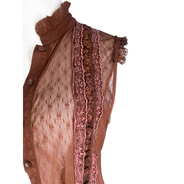 Faded Glory Vintage 2000's L top blouse brown sheer mesh top ruffle embroidered cottage core - Image 2