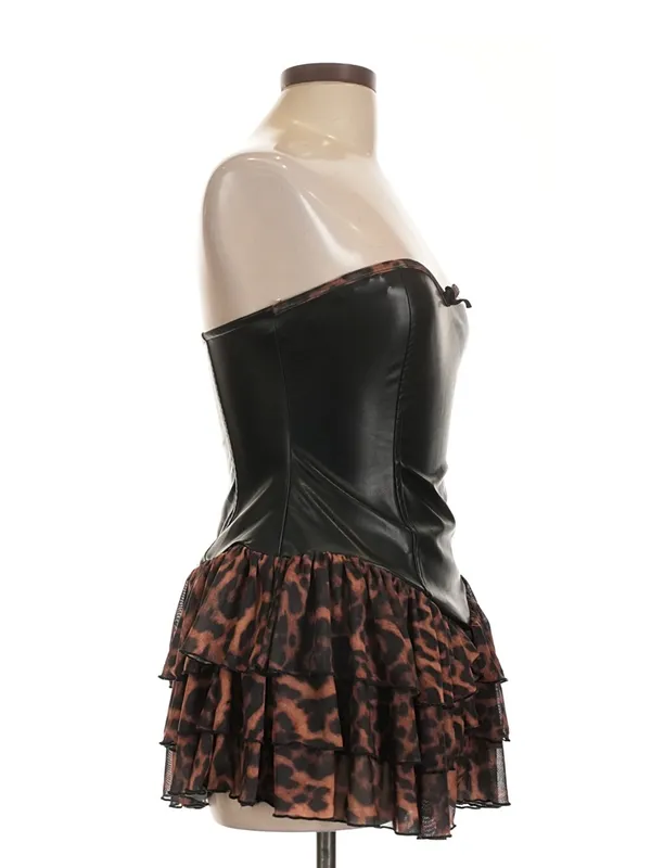 Black Faux Leather Strapless Corset Dress with Leopard Ruffle Skirt - Image 7