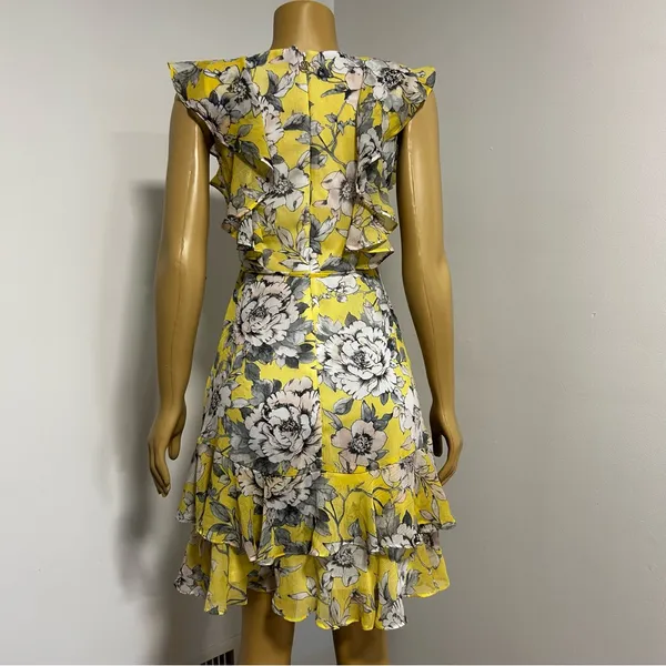 Tommy Hilfiger Womens Yellow Floral Tiered Ruffle Chiffon Mini Dress Size 2 - Image 5