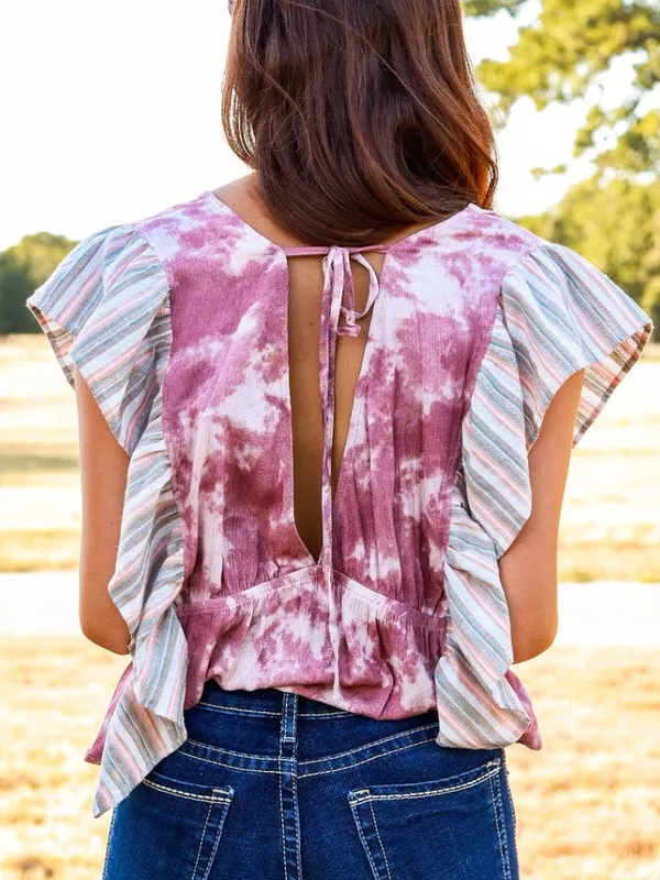 XL Boutique Pink/Purple white Tie-dye Cotton Blouse Striped Ruffle Peplum Crop - Image 4