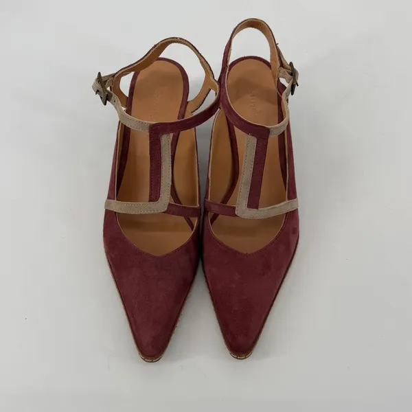 Sundance Women Burgundy Suede T-Strap Pointed Toe Block Heel Pumps Shoes‎ - Image 2