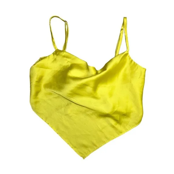 Japna Women’s XS Yellow Satin Cowl Neck Tie Back Cami Top Y2K Handkerchief Hem - Image 4