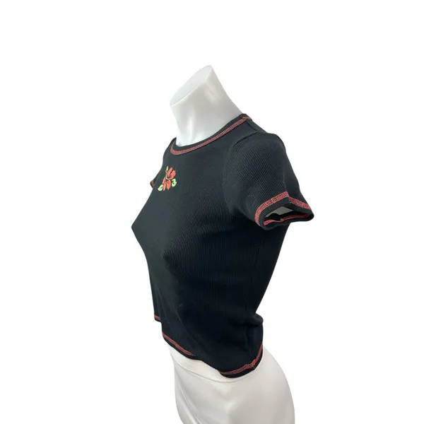 Art Class Hibiscus Embroidery Black Ribbed Crop Crew Neck Baby Tee T-Shirt Top L - Image 3