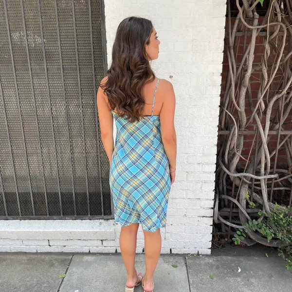Y2k linen Ralph Lauren Blue plaid retro mini dress sz m - Image 3