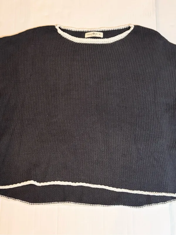 Natural Life Navy Blue Open Knit Sweater M Oversized Boho Crochet Trim Boat Neck - Image 6