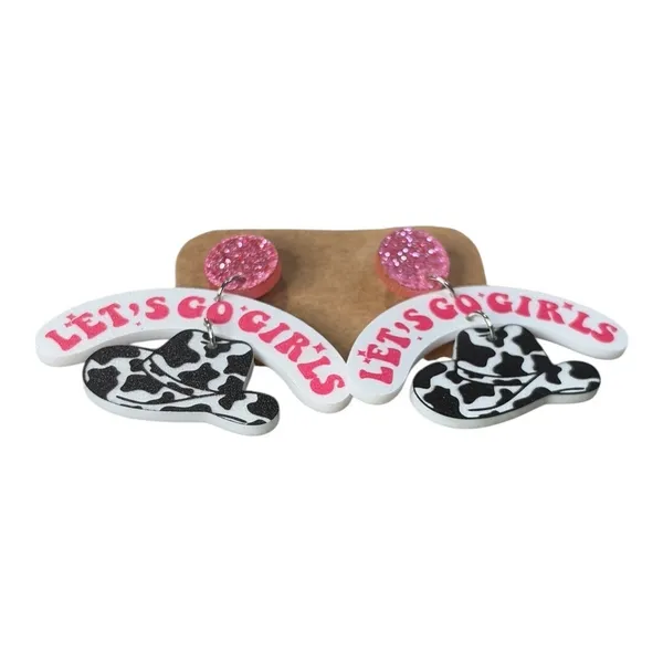 Let's Go Girls Earrings Women OS Pink Cow Print Western Acrylic Dangle Nashville - Image 3