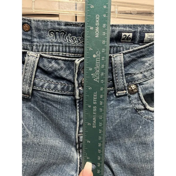 Miss Me Easy Boot Denim Jeans‎ Embroidered/Gems Med Wash Logo Size 26 Low Rise - Image 2