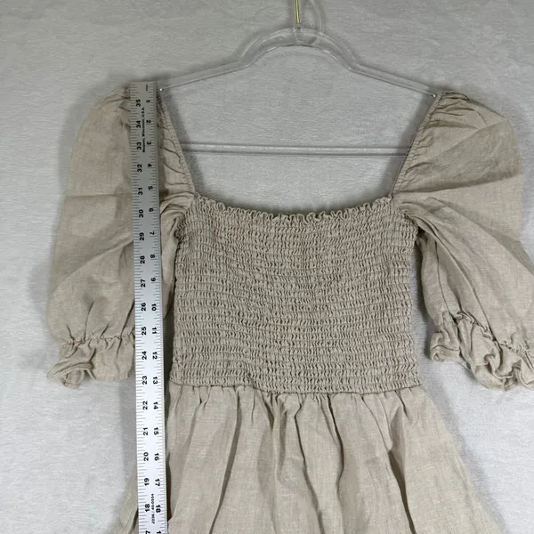 Reformation Oatmeal Beige‎ 100% Linen Smocked Puff Sleeve Mini Dress Size S - Image 6