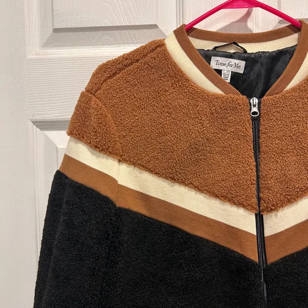 Time for Me Sherpa Colorblock Bomber Jacket‎ Womens Size L Cozy Teddy Fleece - Image 2