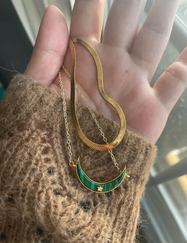 Real malachite Stone Pendant, 2 Way To Wear Moon Shape Pendant Gold - Image 2