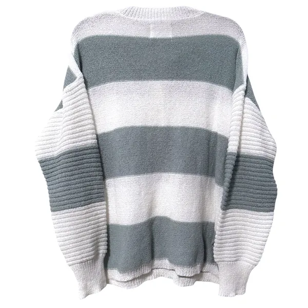 Top Notch‎ Henley Sweater Sage Green White Striped Casual Knit Womens Size M - Image 5
