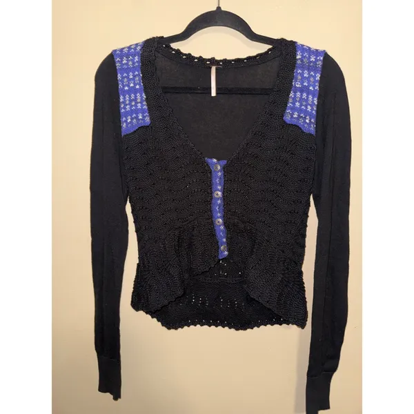 Free People Black Mixed Media Crochet Pointelle Peplum Cardigan Sweater S Indie - Image 6