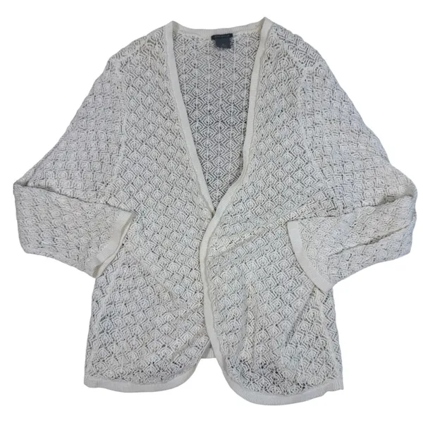 Ann Taylor Cardigan Women XL Cream Open Front Crochet Knit Pointelle - Image 9