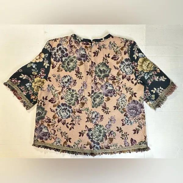 Zara Jacquard Top Women's Size‎ M Floral Tapestry Frayed Fringed Short Sleeve - Image 8